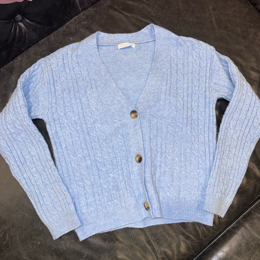 Primark light blue Cable Knit V-Neck Cardigan with Buttons Size 11/12